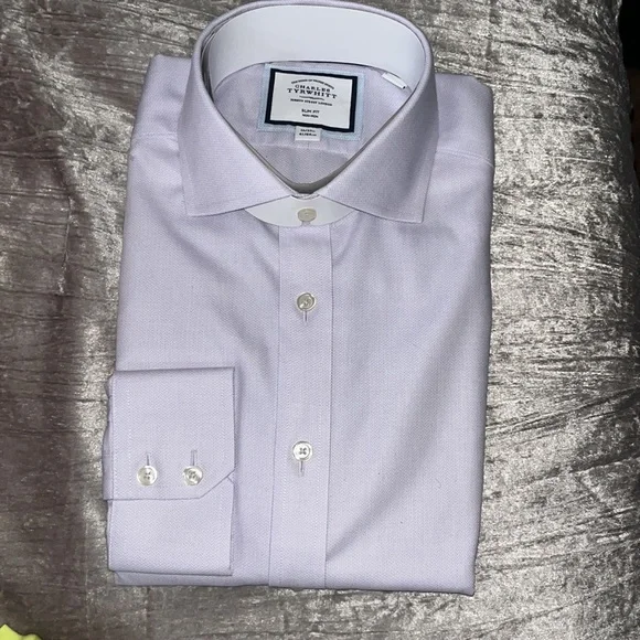 Charles Tyrwhitt Lilac Purple Spread Collar Non-Iron Henley Weave Slim Fit Shirt